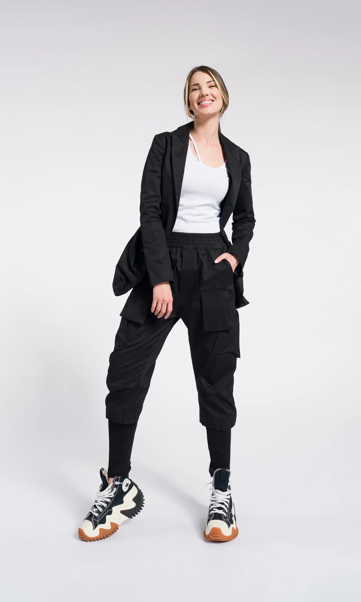 Black Utility Cargo Pants – Structured Minimal Streetwear with Statement Pockets - Image 2