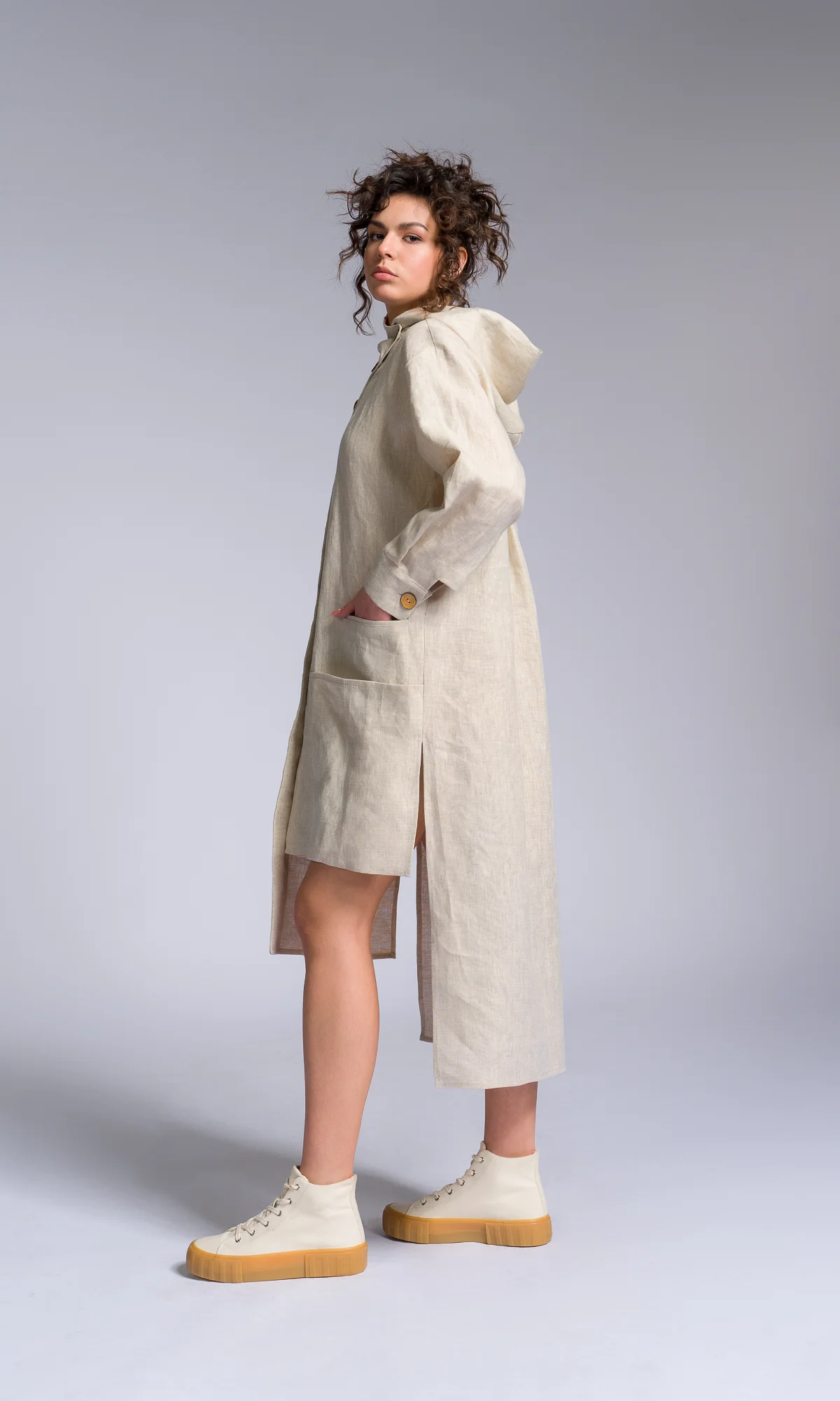 Hooded Shirt Dress with Asymmetric Hem - Image 10