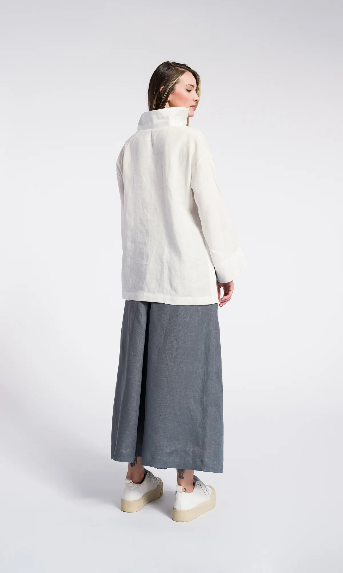 Inverted Pleat Linen Skirt Pants Relaxed Fit Elastic Waistline Side Pockets - Image 3