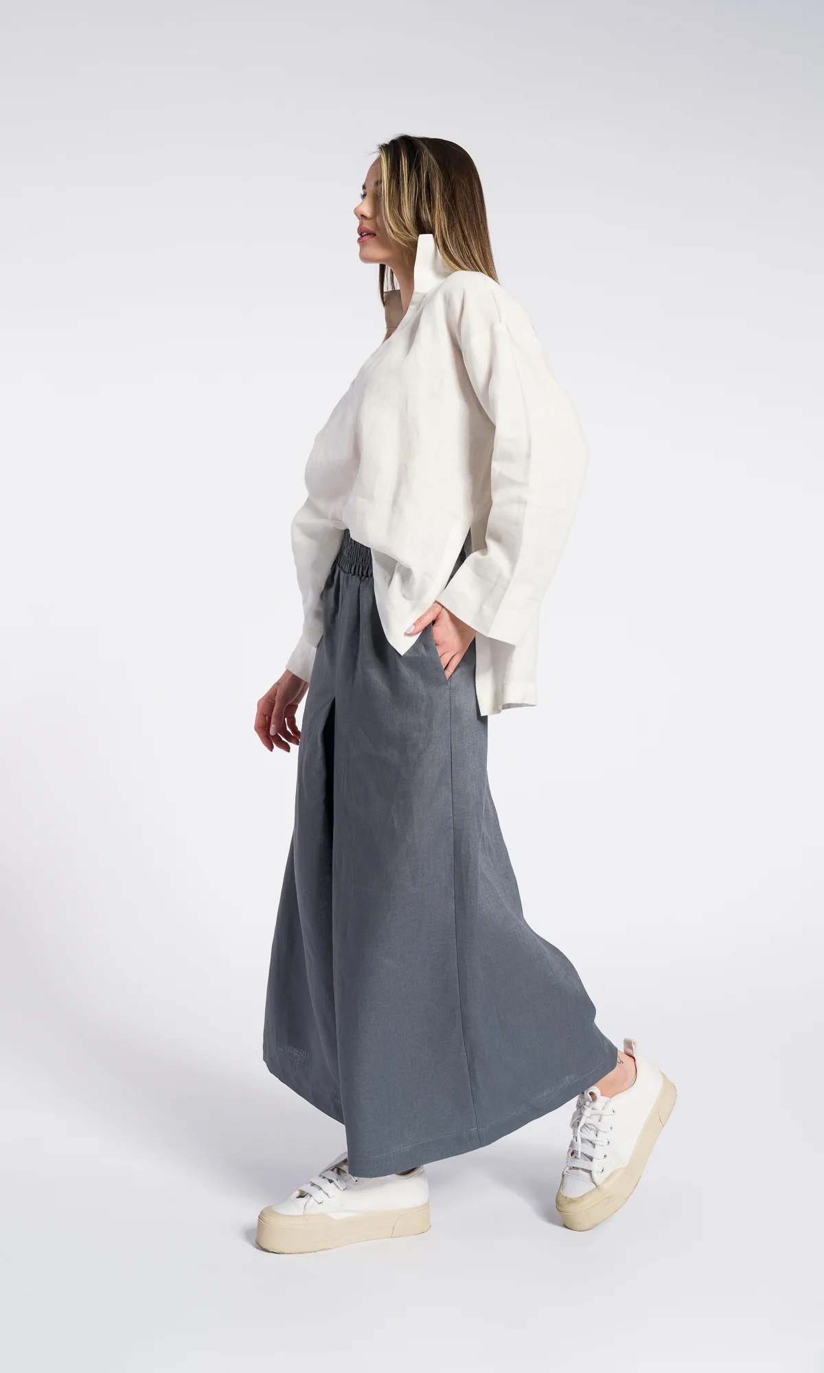 Inverted Pleat Linen Skirt Pants Relaxed Fit Elastic Waistline Side Pockets - Image 4