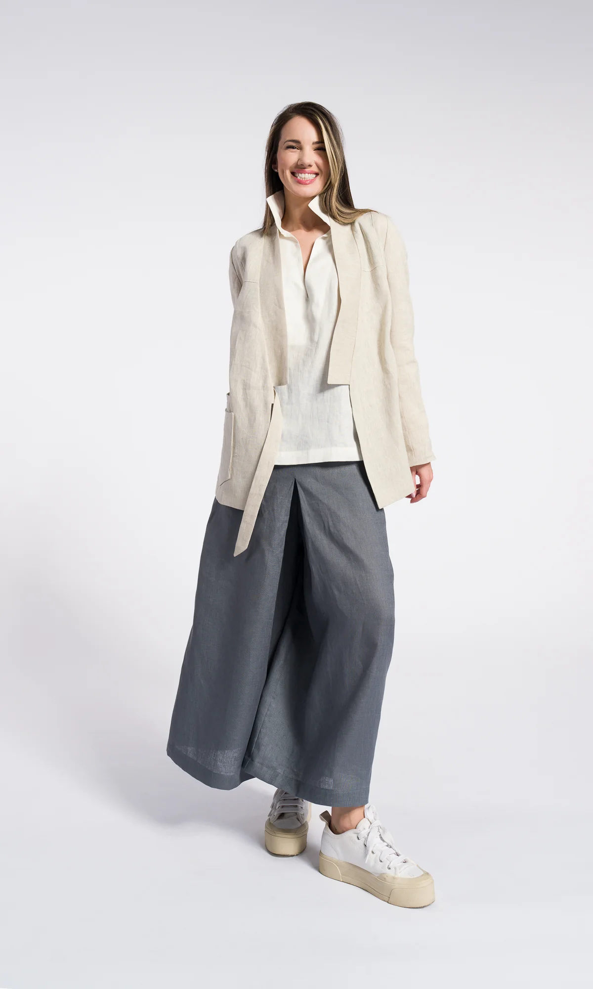 Inverted Pleat Linen Skirt Pants Relaxed Fit Elastic Waistline Side Pockets - Image 5