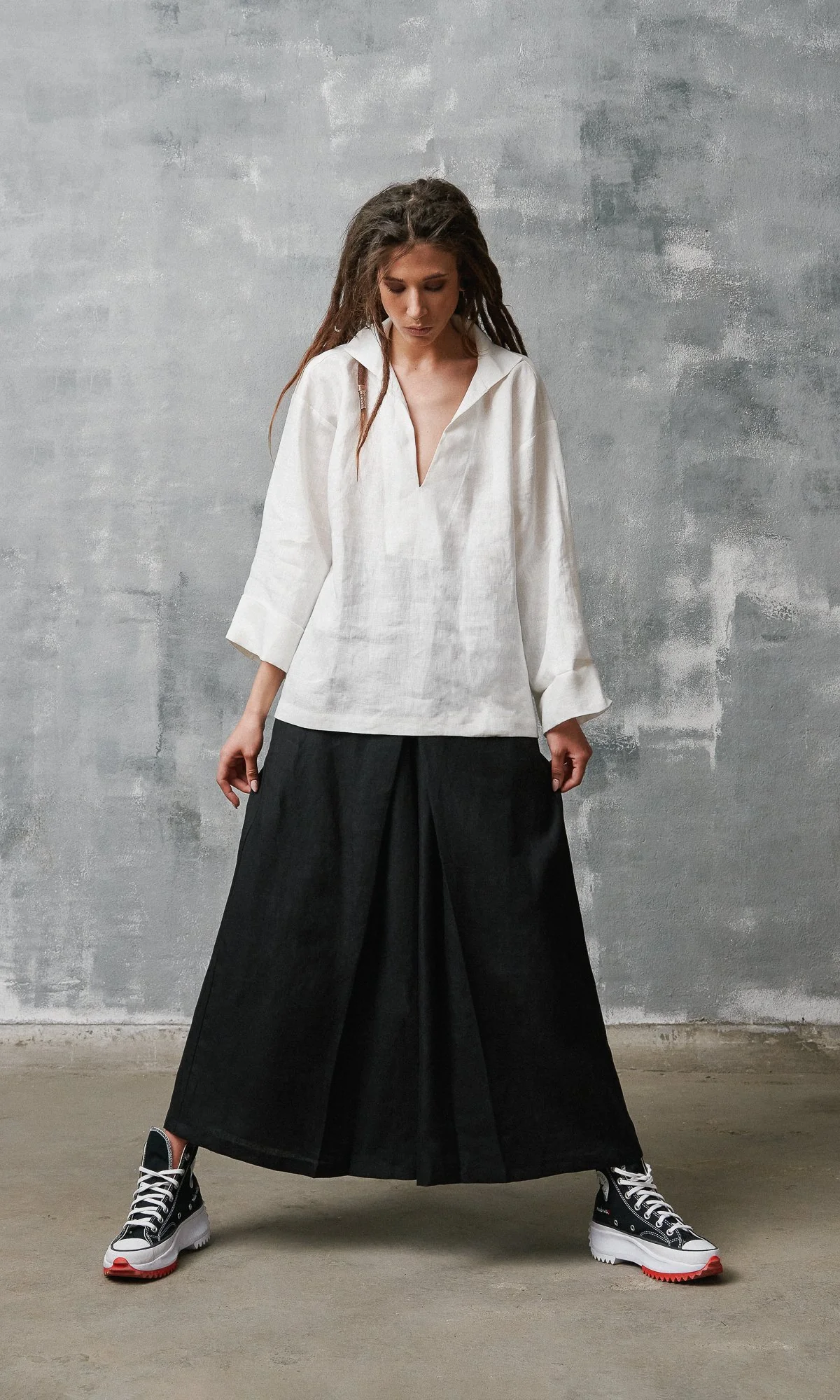 Inverted Pleat Linen Skirt Pants Relaxed Fit Elastic Waistline Side Pockets - Image 6