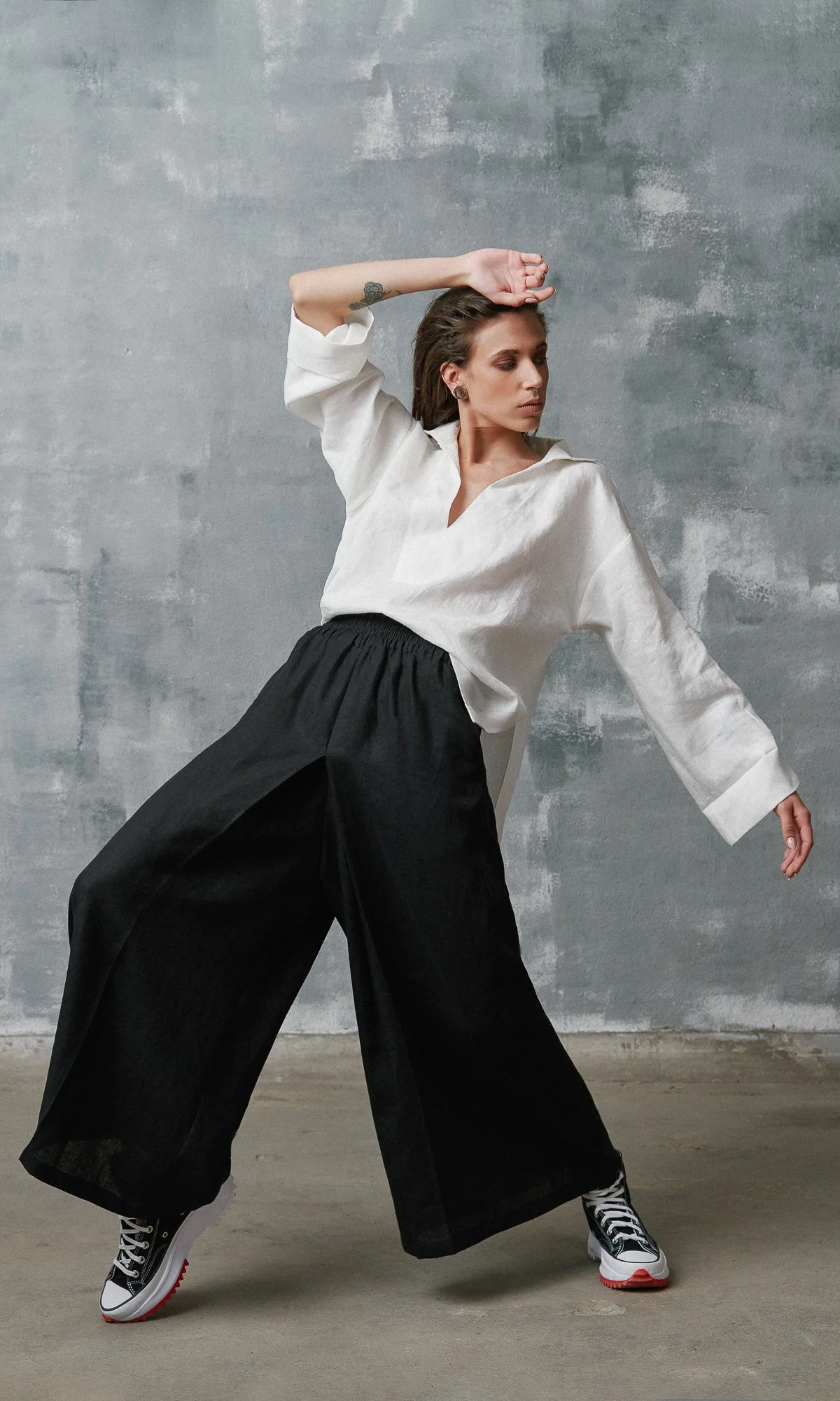 Inverted Pleat Linen Skirt Pants Relaxed Fit Elastic Waistline Side Pockets - Image 7