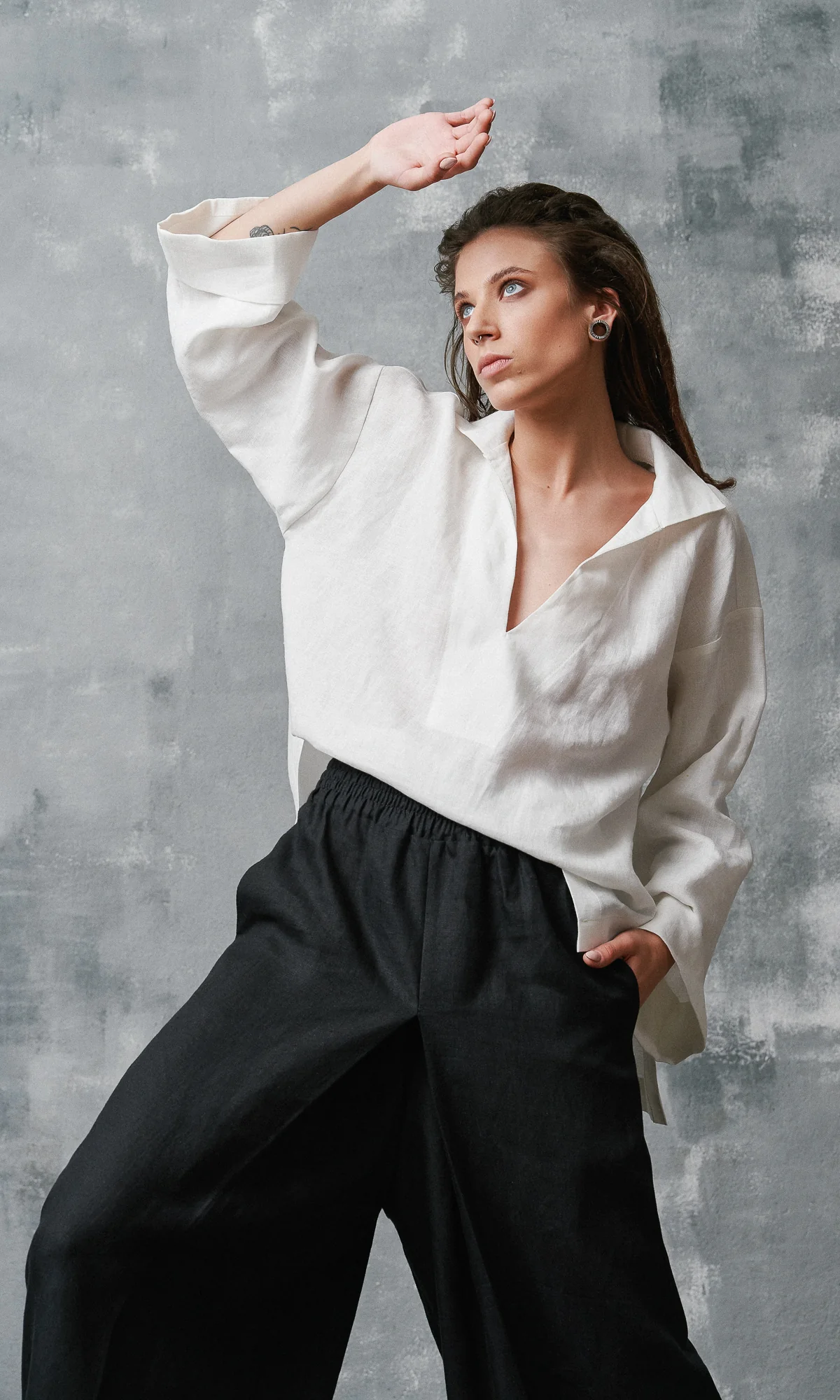 Inverted Pleat Linen Skirt Pants Relaxed Fit Elastic Waistline Side Pockets - Image 9