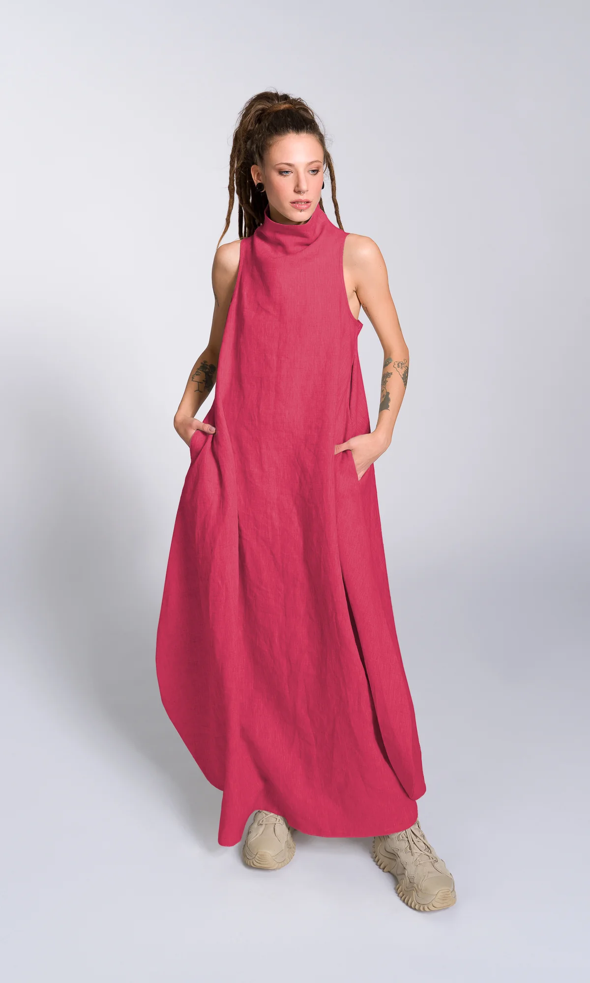 Linen High Neck Cocoon Dress - Image 3