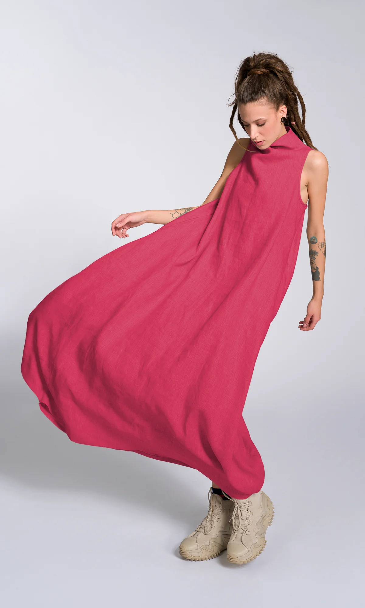 Linen High Neck Cocoon Dress - Image 5