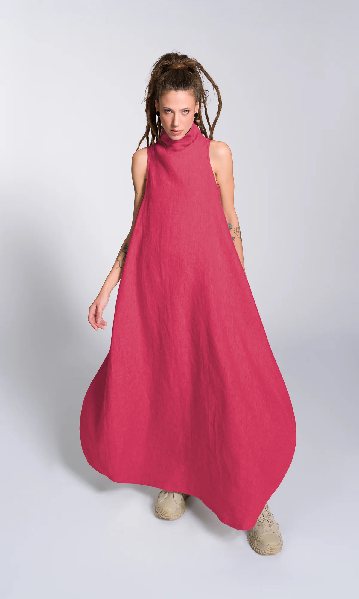 Linen High Neck Cocoon Dress - Image 7