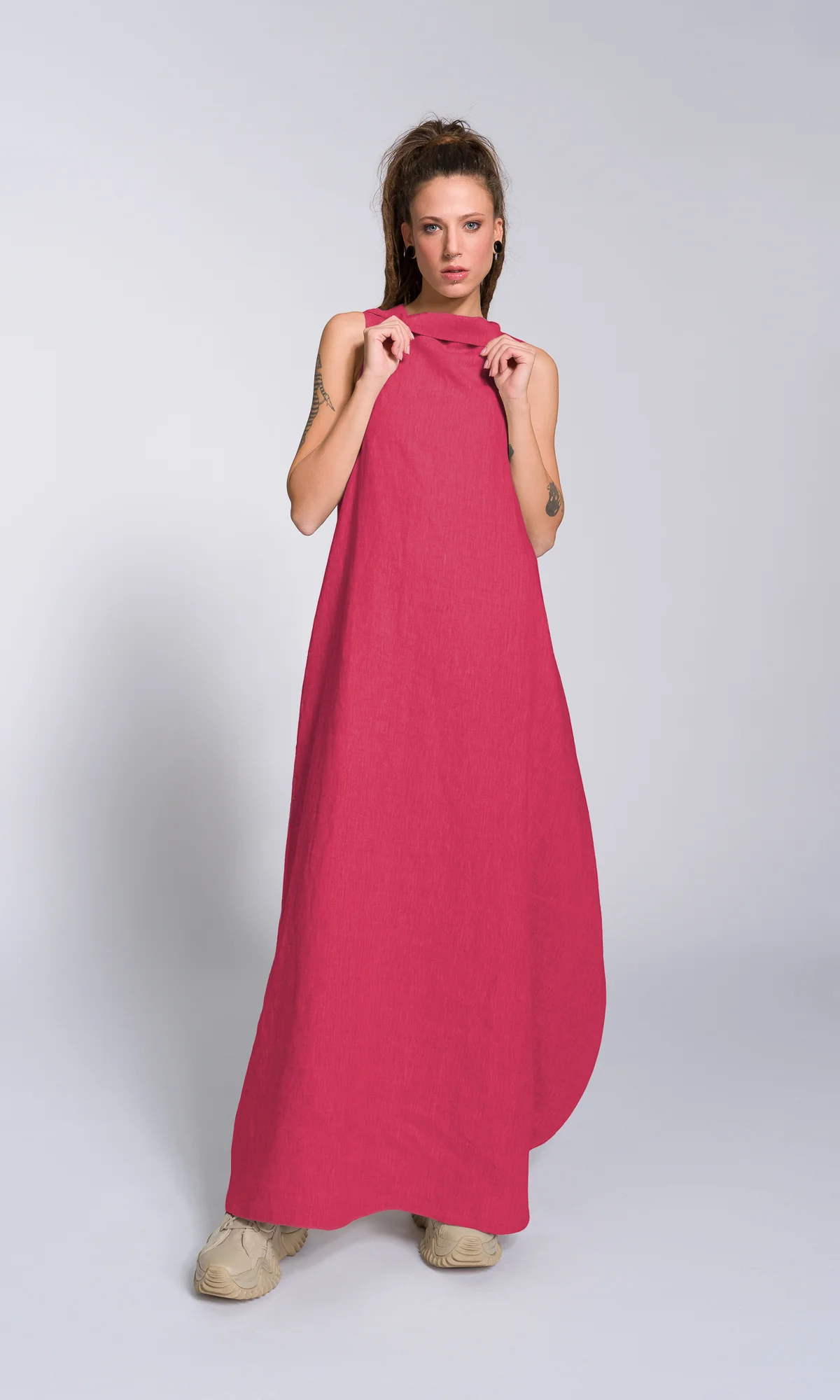 Linen High Neck Cocoon Dress - Image 9