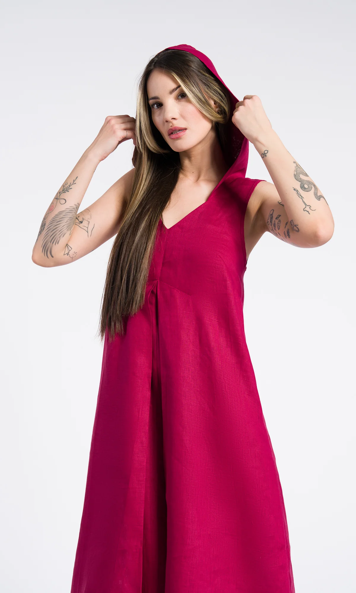 Linen Summer Maxi Dress, Front Pleat Maxi Dress with Hood and side pockets - Image 3