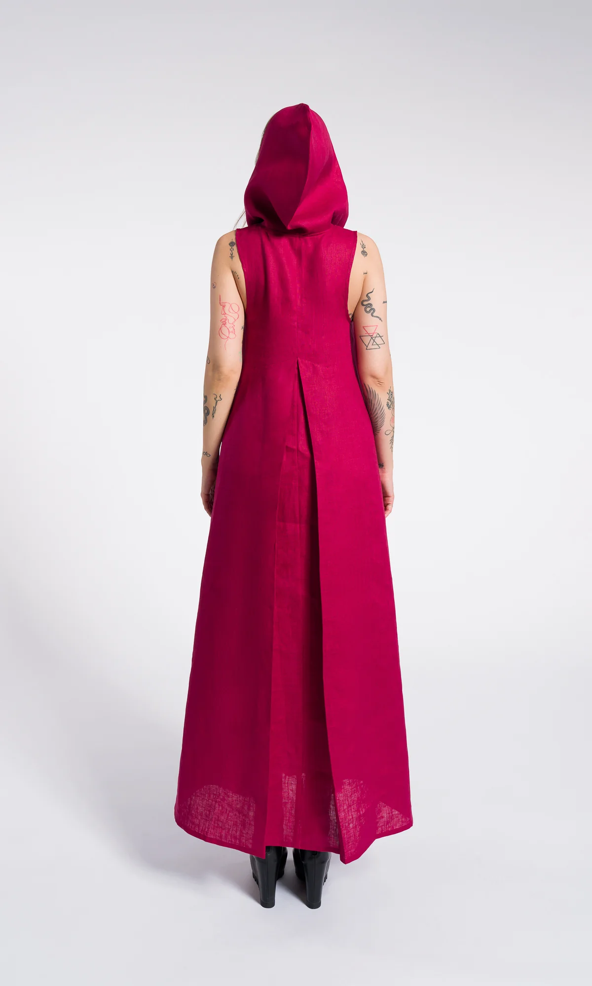 Linen Summer Maxi Dress, Front Pleat Maxi Dress with Hood and side pockets - Image 4