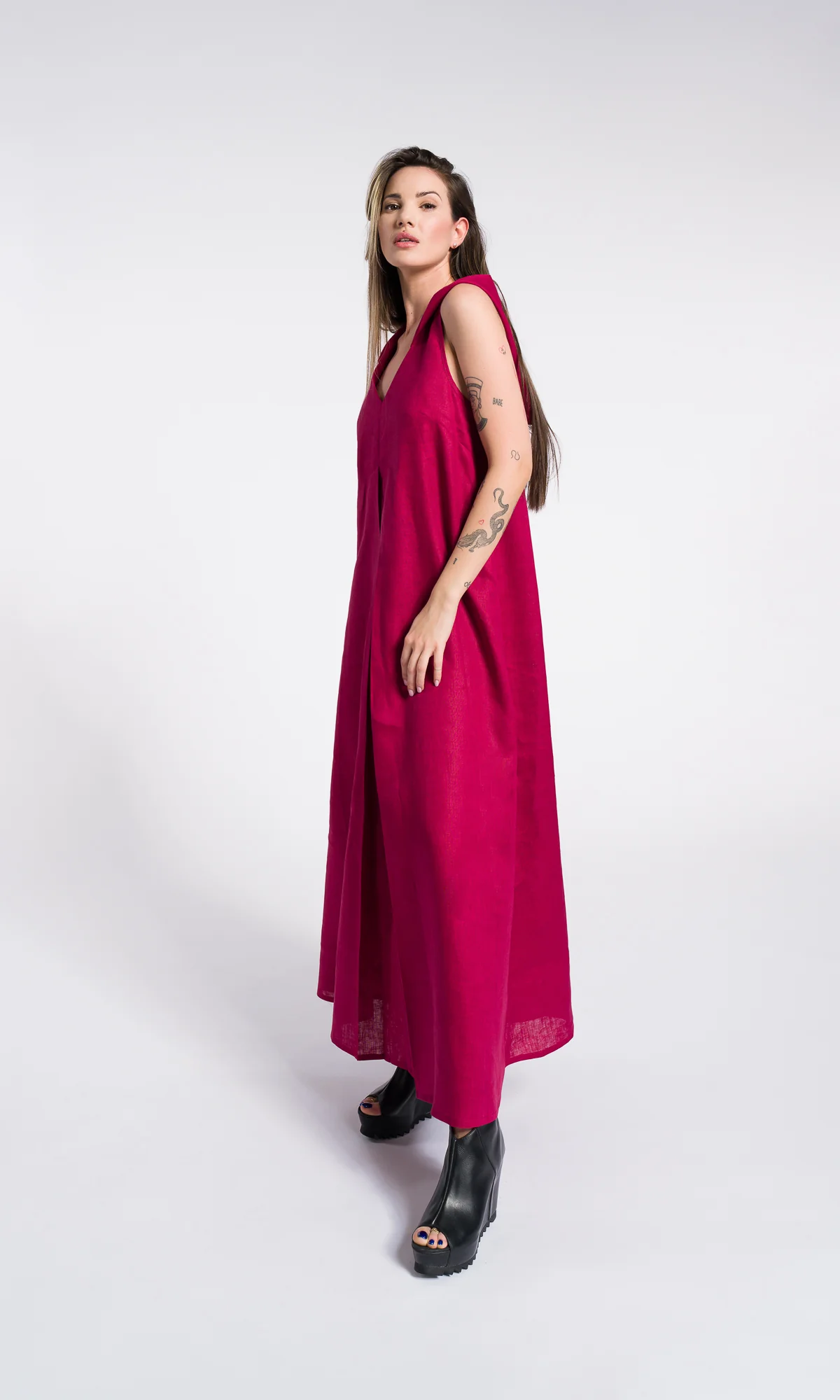 Linen Summer Maxi Dress, Front Pleat Maxi Dress with Hood and side pockets - Image 5