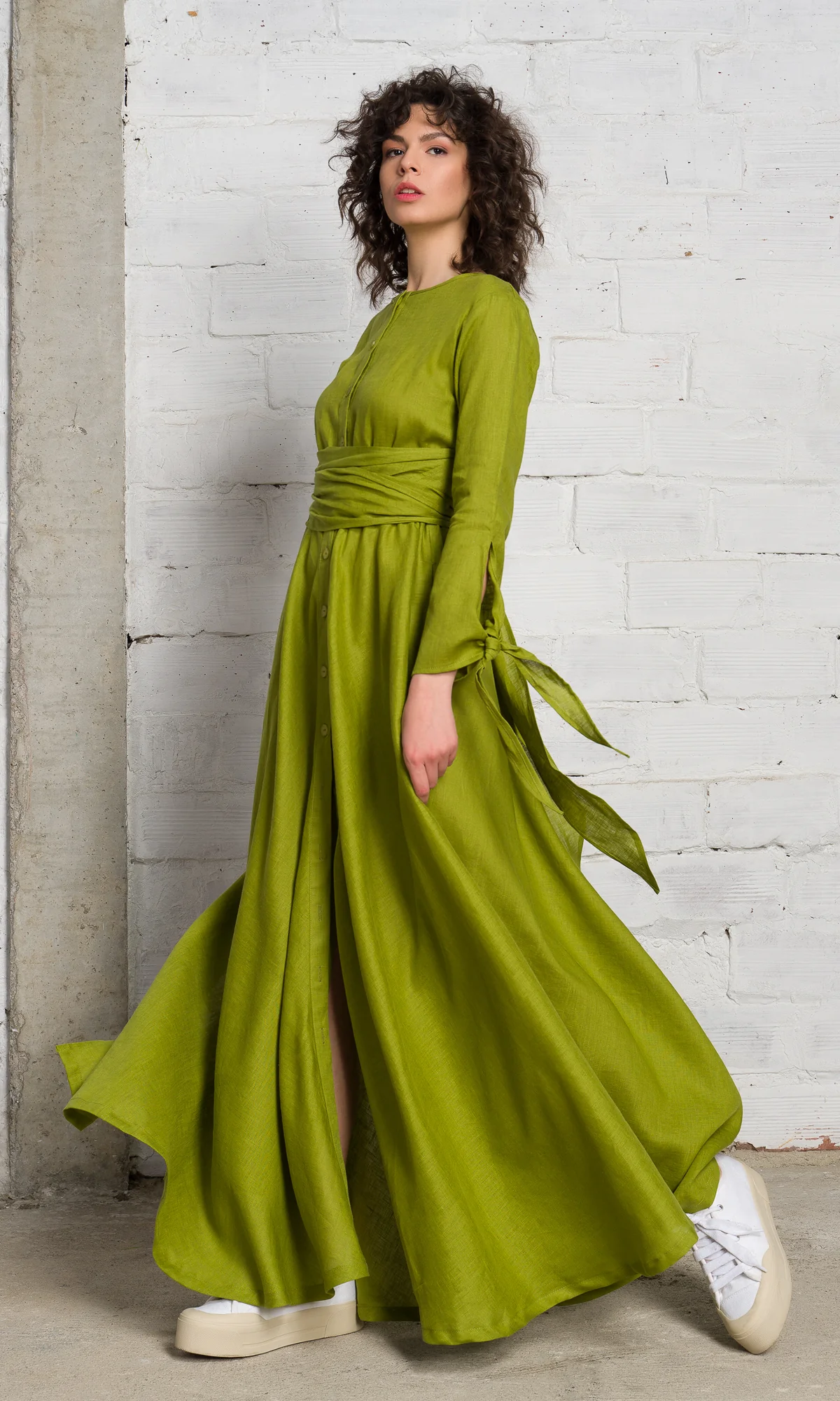 Long Linen Shirt Dress with Belt - Image 5
