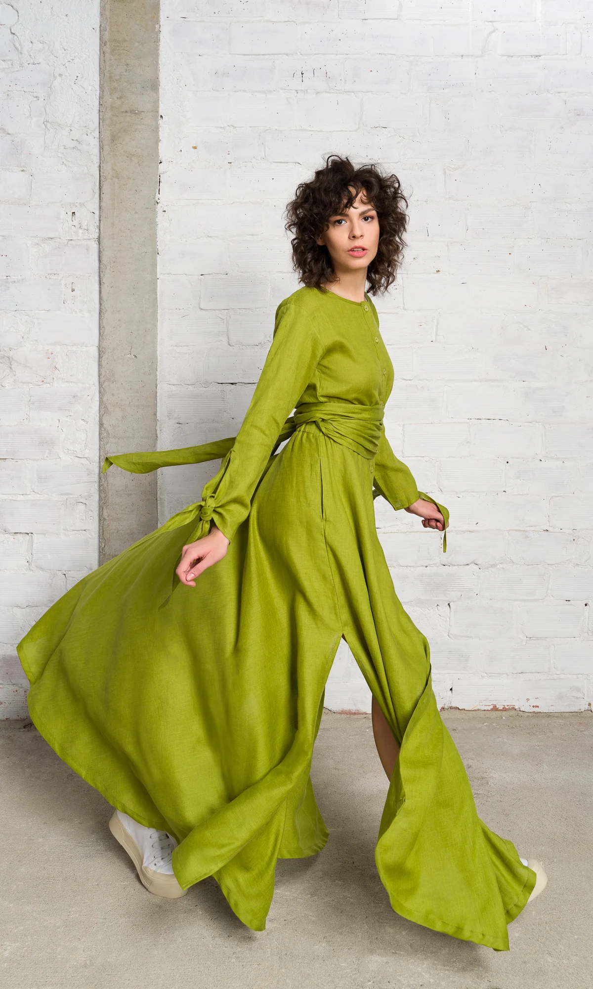 Long Linen Shirt Dress with Belt - Image 7