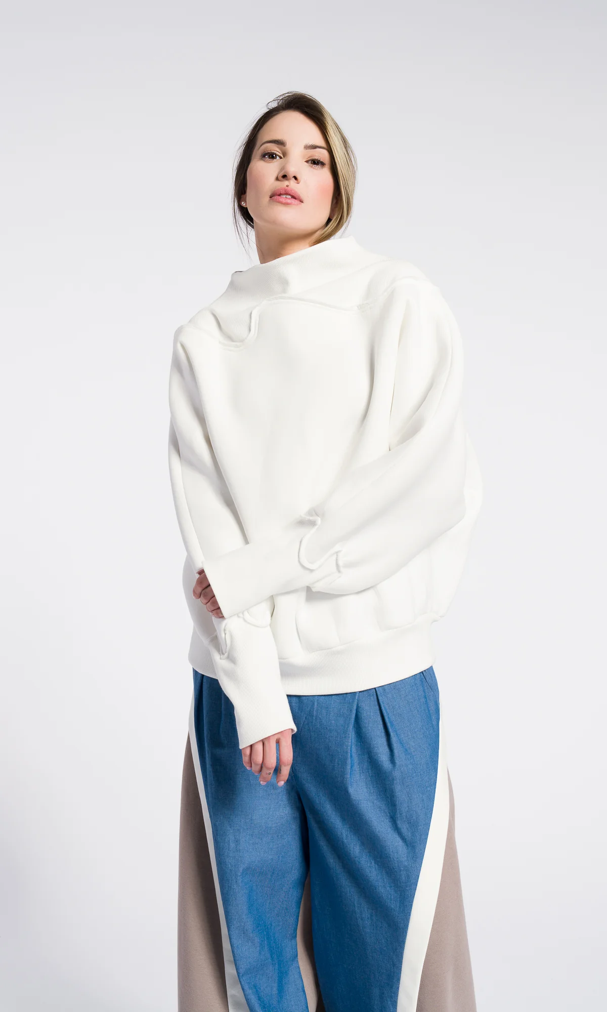 Oversized Sweatshirt Women – Minimalist Cotton Blend Top, Long Sleeve Off White Loose Pullover, Modern Asymmetrical Neckline