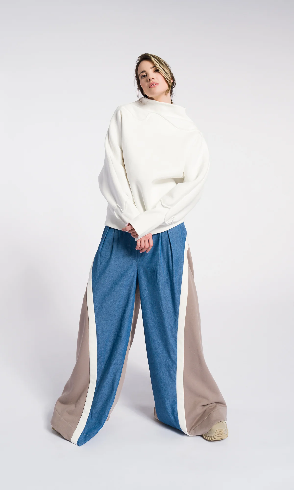 Oversized Sweatshirt Women – Minimalist Cotton Blend Top, Long Sleeve Off White Loose Pullover, Modern Asymmetrical Neckline - Image 2