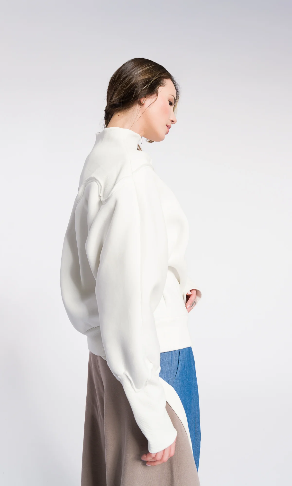 Oversized Sweatshirt Women – Minimalist Cotton Blend Top, Long Sleeve Off White Loose Pullover, Modern Asymmetrical Neckline - Image 5