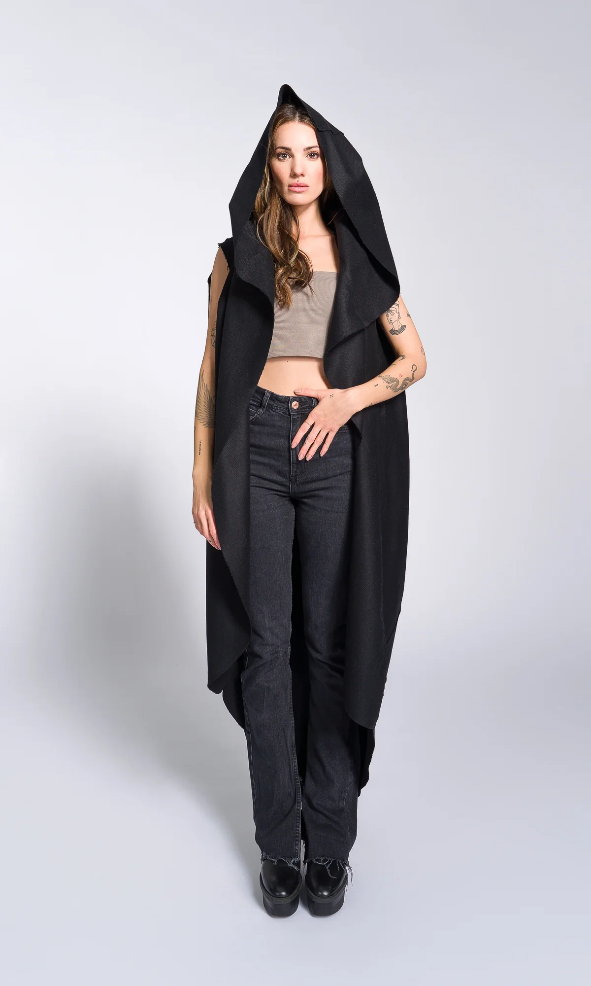 Sleeveless Cape Coat with Large Hood - Image 6