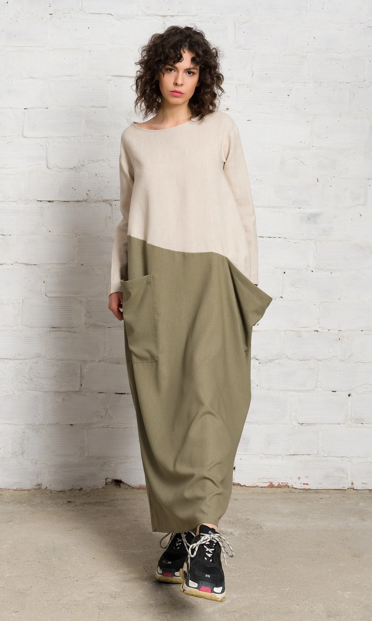 Two-Tone Linen Baggy Dress - Image 5