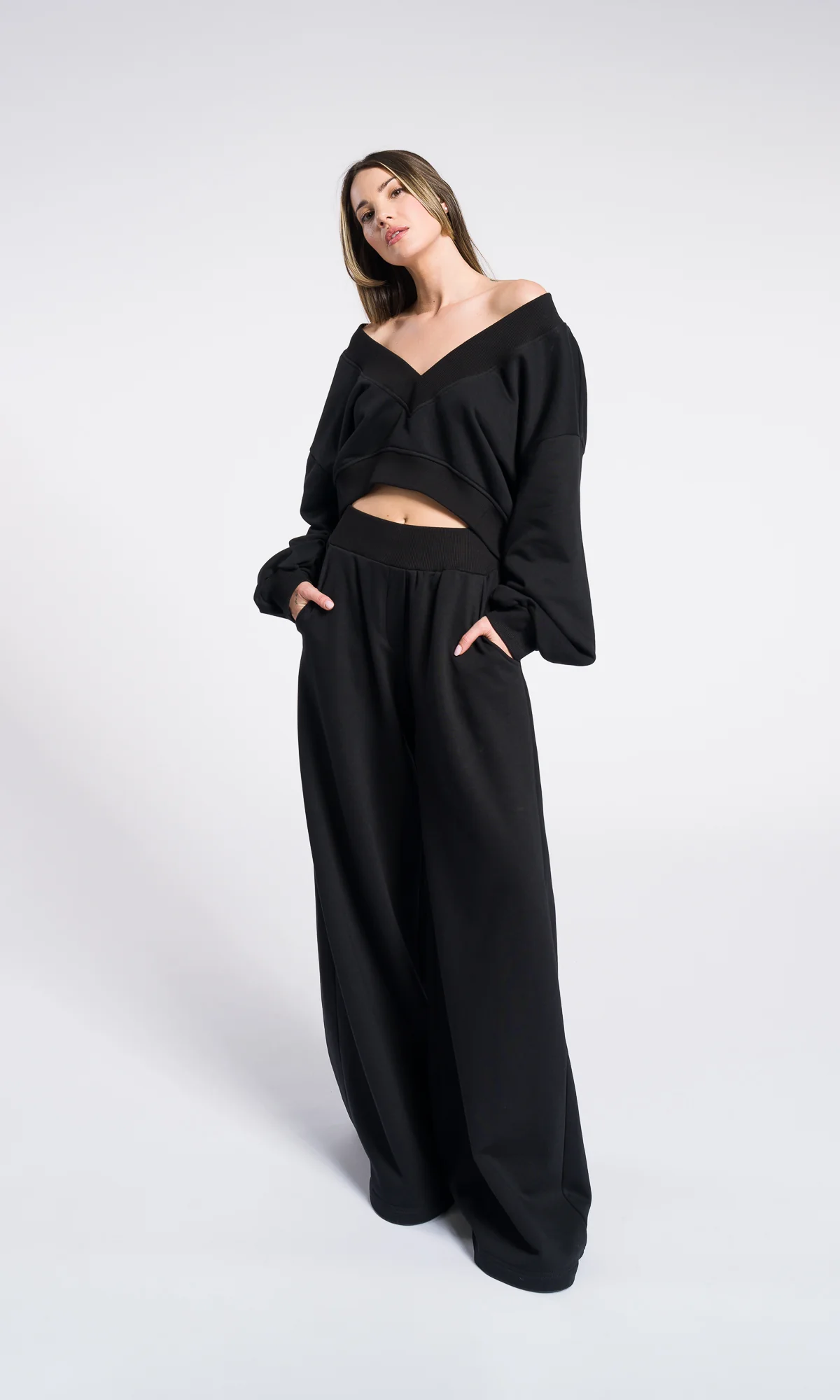 V neck crop top with Wide Leg Pants Set , Cotton casual SET - Image 5